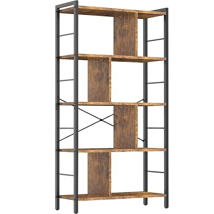 5-Tier Tall Industrial Bookcase Wood Metal Frame Standing Bookshelf Storage Rack for Bedroom Living Room Office Rustic Brown