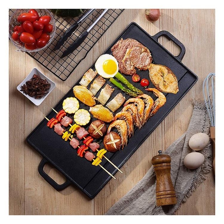 Pre Seasoned Reversible Kitchenware Grill Plate Black Cast Iron Griddle Pan with Double  Handles for BBQ and Camping