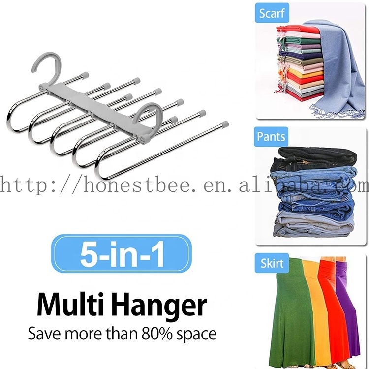 5 Layers 2 Uses Space Saving Wardrobe Closet Hanger Rack Organizer Non-Slip Metal Magic Pants Hanger for Trousers Scarves Skirts