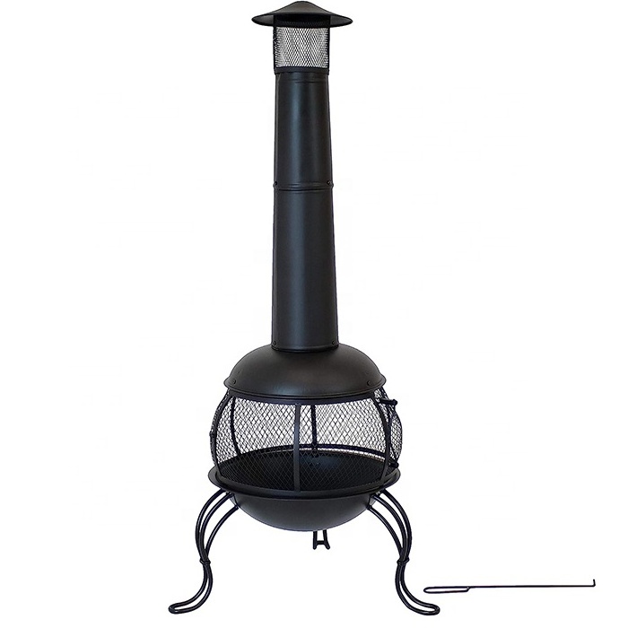 High Temperature Paint Surface 66inch Black Heavy Duty Steel Wood Burning Chiminea with Rain Cover Patio Backyard  Fire Pits