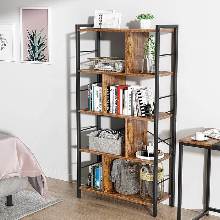 5-Tier Tall Industrial Bookcase Wood Metal Frame Standing Bookshelf Storage Rack for Bedroom Living Room Office Rustic Brown