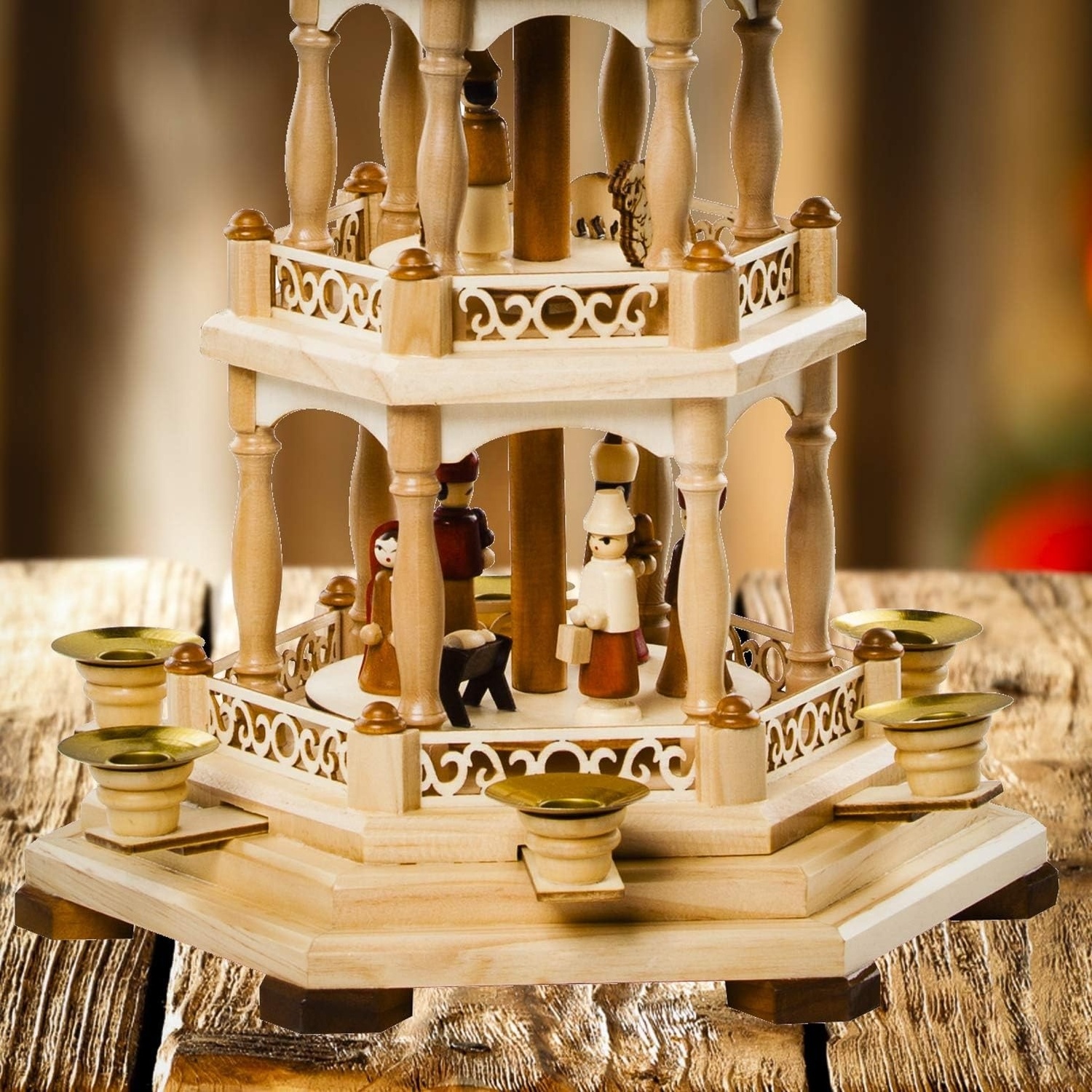 Christmas Decoration Pyramid Wood Nativity Scene Set-Under The Christmas Tree 3 Tiers Carousel&6 Candle Holders