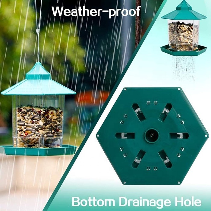 Green Plastic Weatherproof Hexagon Shaped Gazebo Wild Bird Feeder Panorama 1.45Gal Capacity Bird Feeder for Outdoor Patio Garden