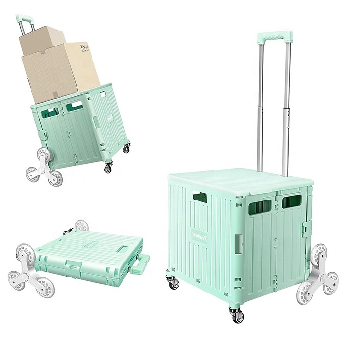 65L Foldable Cart with Stair Climbing Wheels Telescoping Handle Collapsible Rolling Crate Grocery Book File Tool