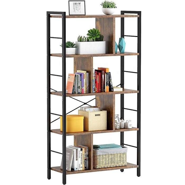 5-Tier Tall Industrial Bookcase Wood Metal Frame Standing Bookshelf Storage Rack for Bedroom Living Room Office Rustic Brown