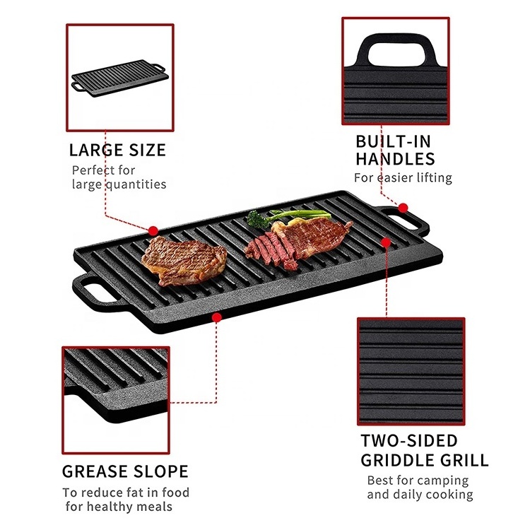 Pre Seasoned Reversible Kitchenware Grill Plate Black Cast Iron Griddle Pan with Double  Handles for BBQ and Camping