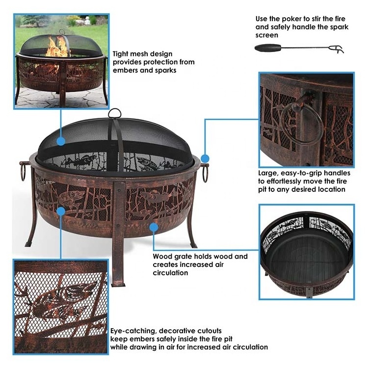 Black Large Fishing Fire Pit Heating  Fireplace Round Wood Burning Fire Pit for Patio Backyard Garden with Spark Screen