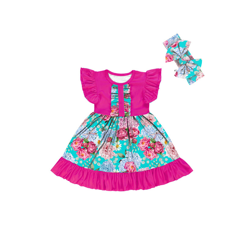 BQ-323-XYL Kids Dresses For Girls Floral Print Girl Party Dress Ruffles Dress For Children Summer Childrens Clothing