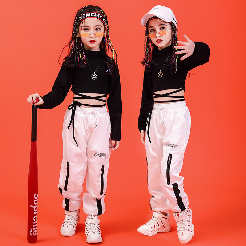 Children Hip Hop Clothing Sweatshirt Black Shirt Top Crop Casual Pants for Girl Jazz Dance Costume Ballroom Dancing Clothes Wear