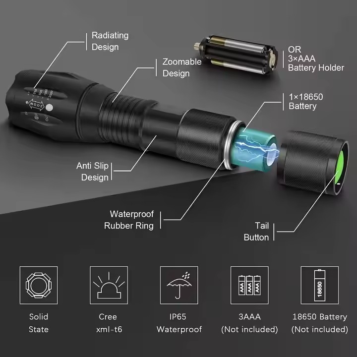 Long Range for Outdoor  Camping 1200 Lumen XML T6 Waterproof LED  Portable Zoomable  Flashlight