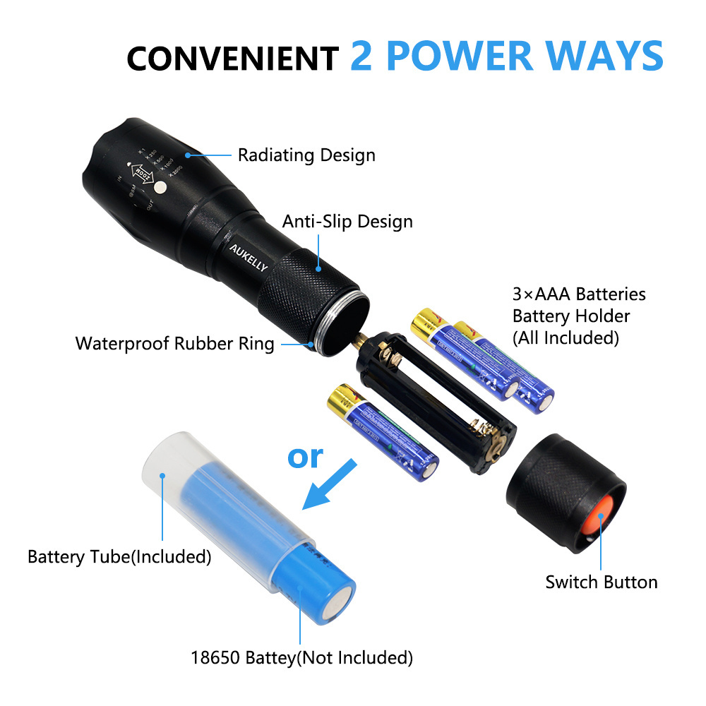 Waterproof  Usb Rechargeable Aluminum 18650 or 3*AAA Battery Zoom Tactical LED Flashlight