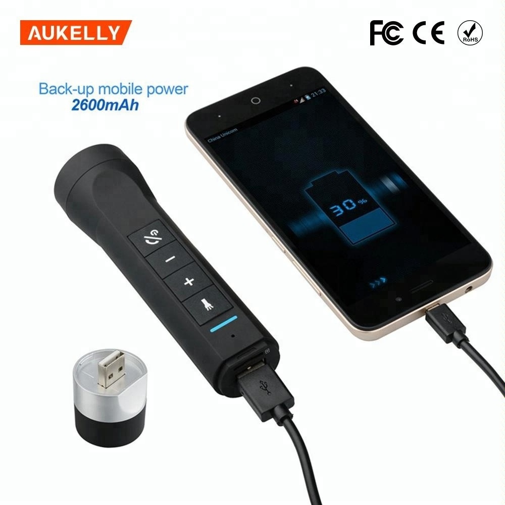 Aukelly Multi-function microphone speaker led flashlight USB rechargeable,bike mount holder power bank flashlight