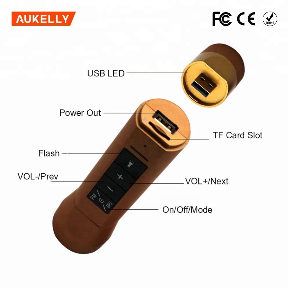 Aukelly Multi-function microphone speaker led flashlight USB rechargeable,bike mount holder power bank flashlight