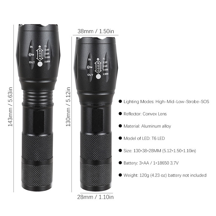 2000 Lumen Outdoor Waterproof High Power Camping Torch 8H USB Rechargeable Adjustable Focus Zoom Tactical  Flashlight.