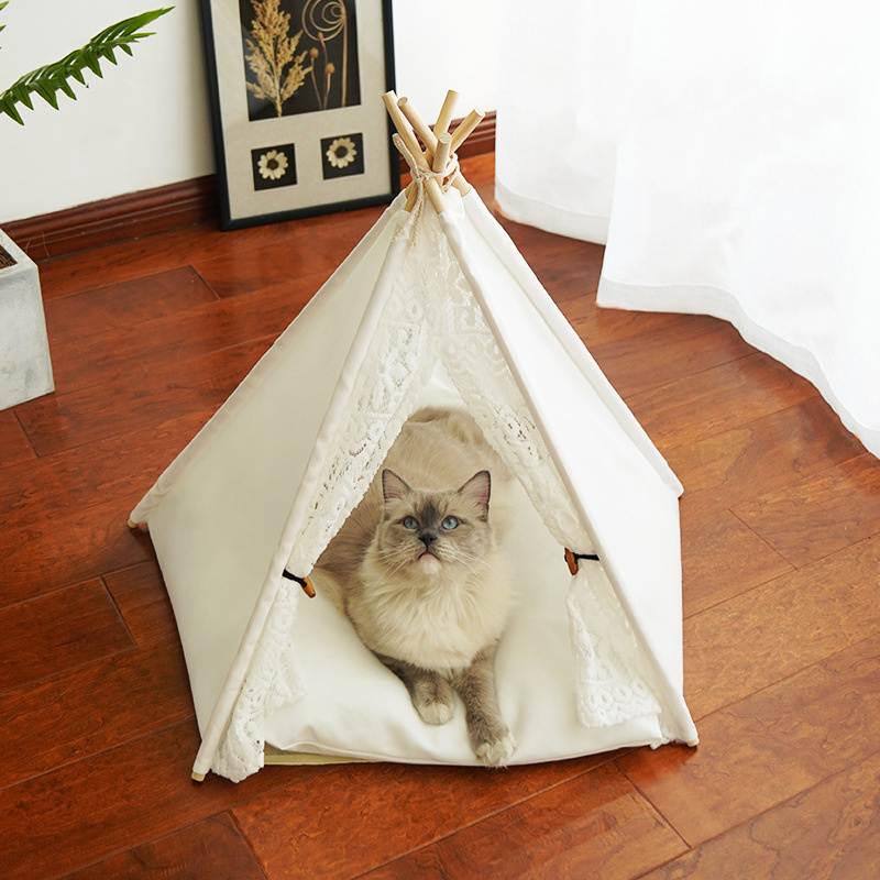 Cute white canvas bed durable cat dog bed pet teepee tent house plush cat tent house pet tent bed