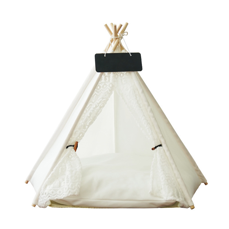 Cute white canvas bed durable cat dog bed pet teepee tent house plush cat tent house pet tent bed