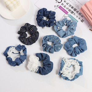 Fashion Blue Lattice Floral Dots Hair Rope Cute Elastic Hair Bands Headband Ponytail Ties Women Jewelry Hair Accessories