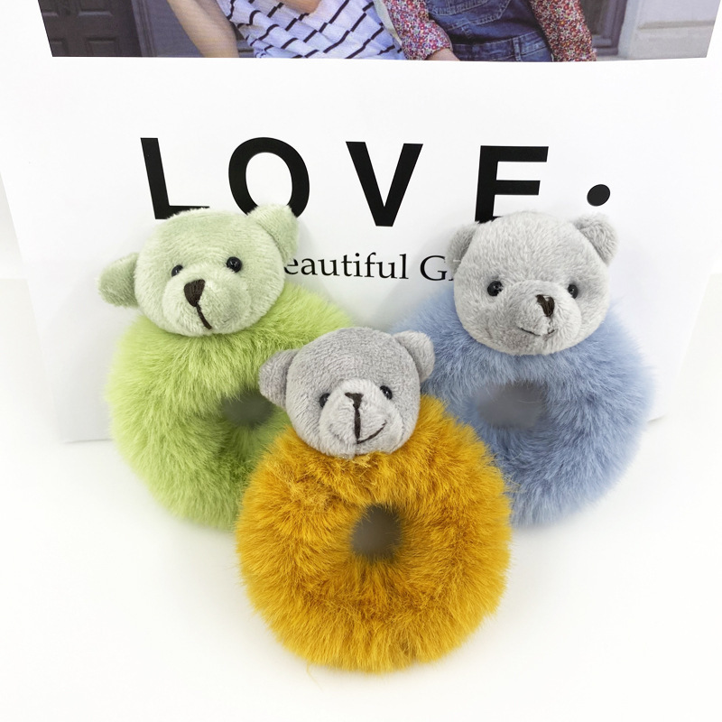 HONEY FLOWER Korean Style Plush Female Cute Bear Cartoon Animal Colorful Hair Tie Rope Fluffy Scrunchies