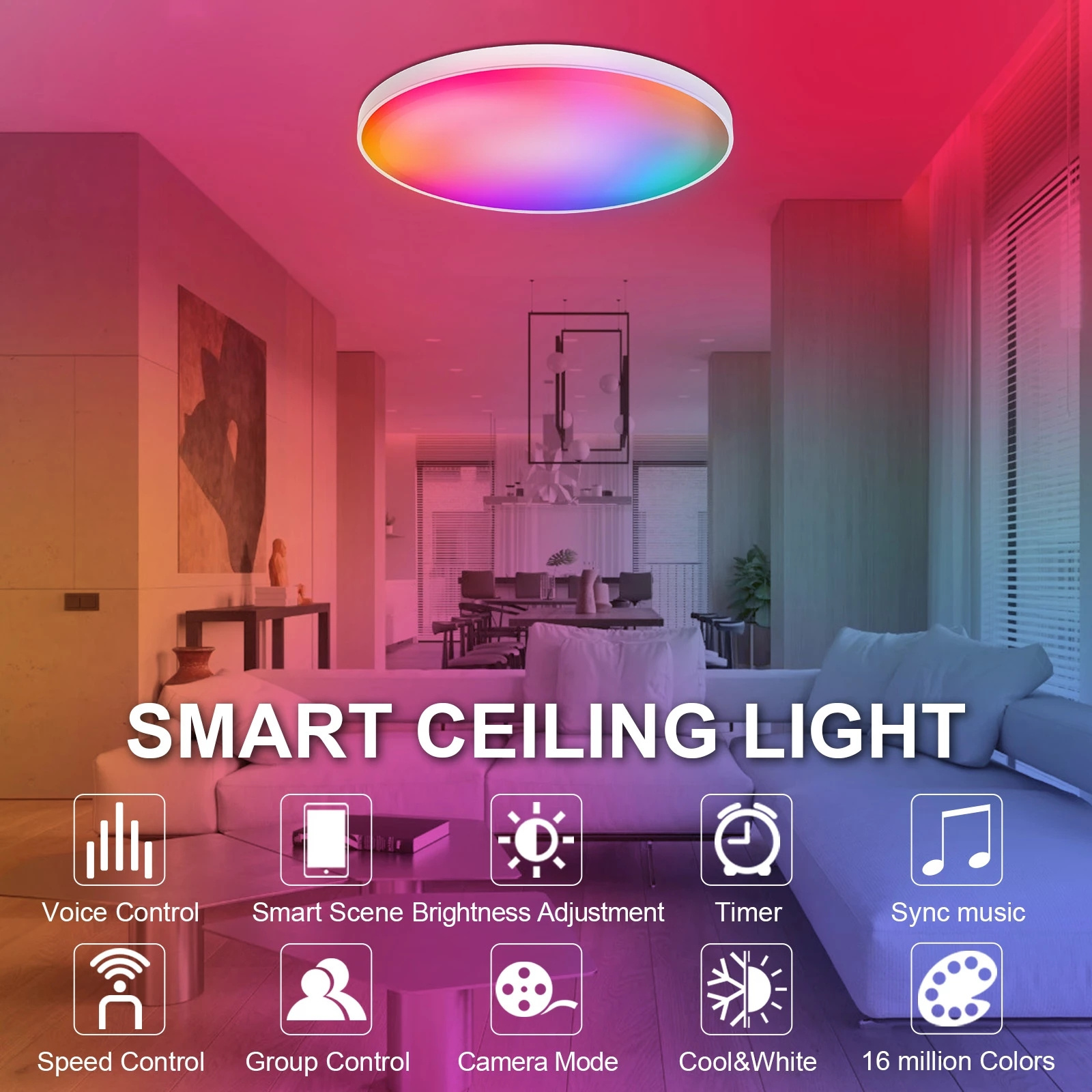 HoneyFly LED RGB+CCT Ceiling Light 30W 220/110V Bluetooth Speaker Dimmable Colorful Light Smart Lamp Mobile Control Dining Room