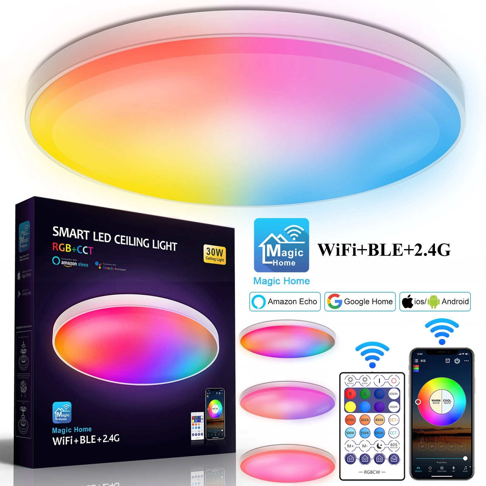 HoneyFly LED RGB+CCT Ceiling Light 30W 220/110V Bluetooth Speaker Dimmable Colorful Light Smart Lamp Mobile Control Dining Room