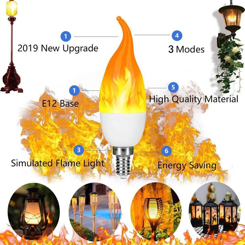 HoneyFly LED Dynamic Flame Lamp E14 E27 85-265V 2W Effect Fire Bulb Flickering Emulation Light for Halloween Christmas