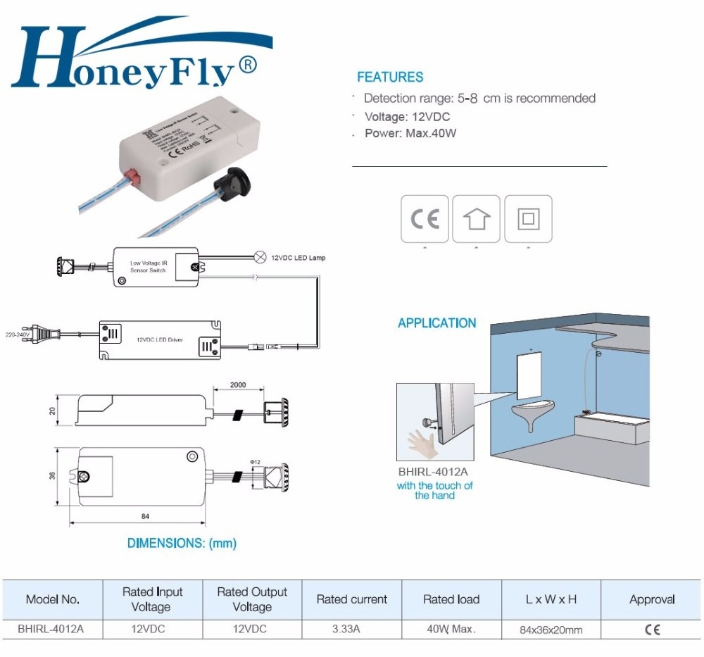 HoneyFly IR Sensor Switch BHIRL-4012A 40W DC12V Cabinet Sensor Switch IR Light Switch For LED Lights 5-10CM Detection Range CE