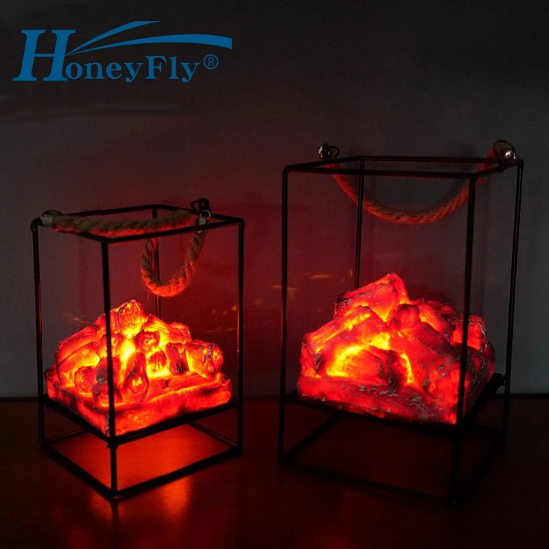 HoneyFly LED Flame Lantern Lamp Iron Simulation Campfire Flame Effect Night Light 3AA Battery Powered For Living Room Decor