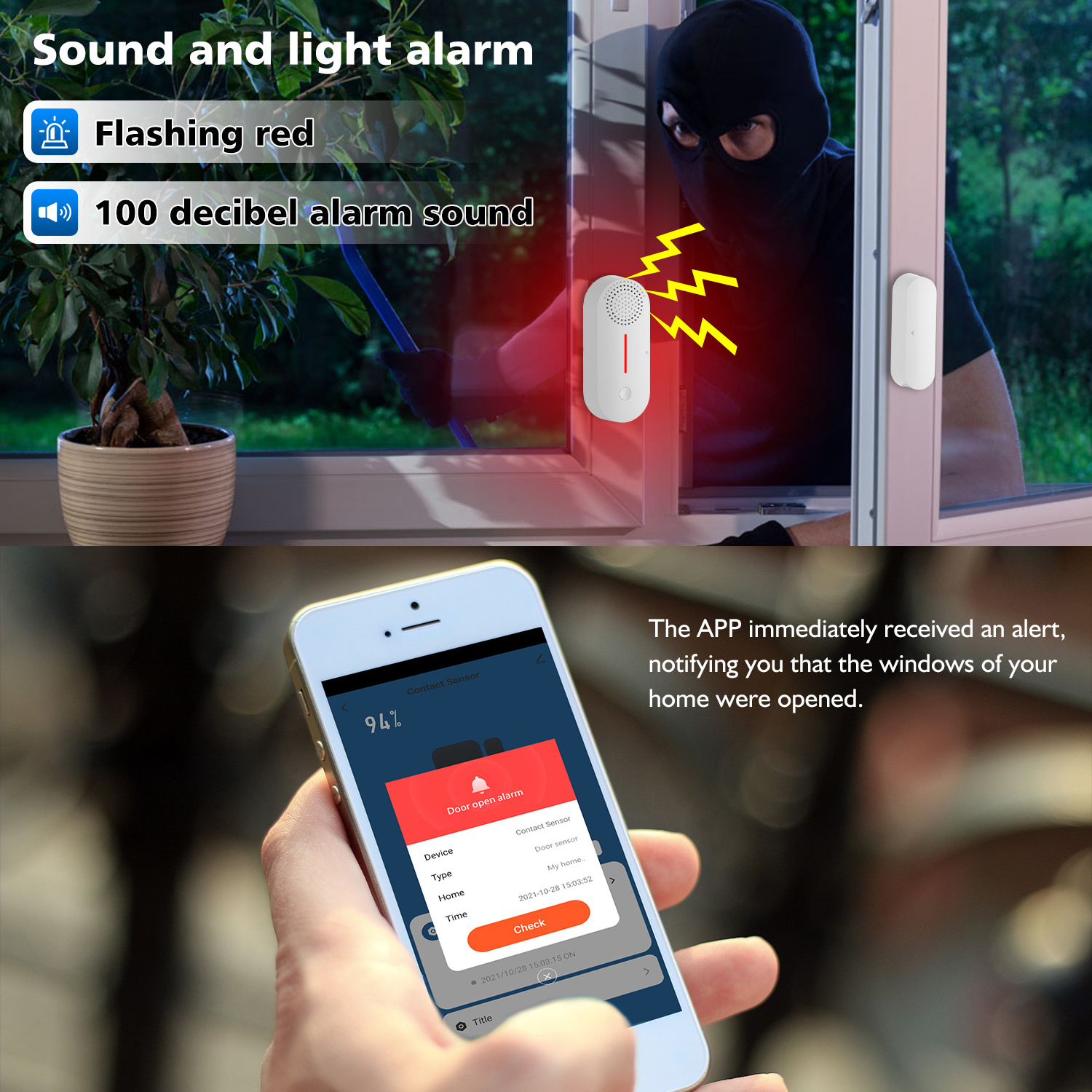 Security Open Or Sclosed Window and Door Sensor Built In Siren Magnetic Wifi Tuya App Sound And Light Door Open Alarm Detector