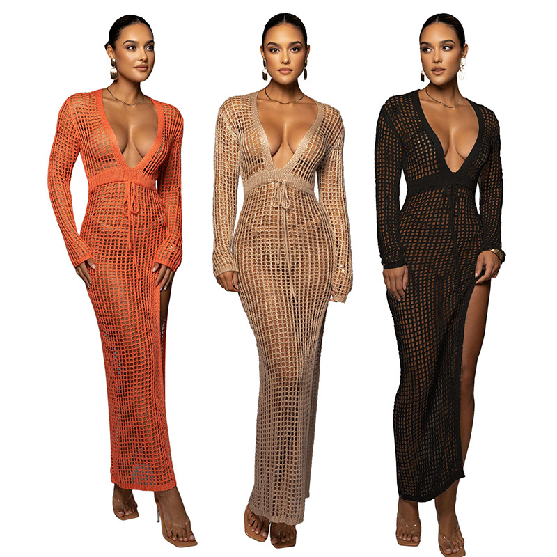 crochet dress 2023 sexy new bohemian beach party wear long sleeve bikini cover up holiday women's knitted long maxi dress girls