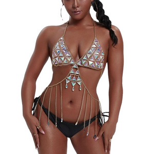 Sexy Jewelry Mature Woman Chain Gold Tassel Crop Top Chest Body Chains Sexy Indian Beach Nightclub Rave Sequin Bikini