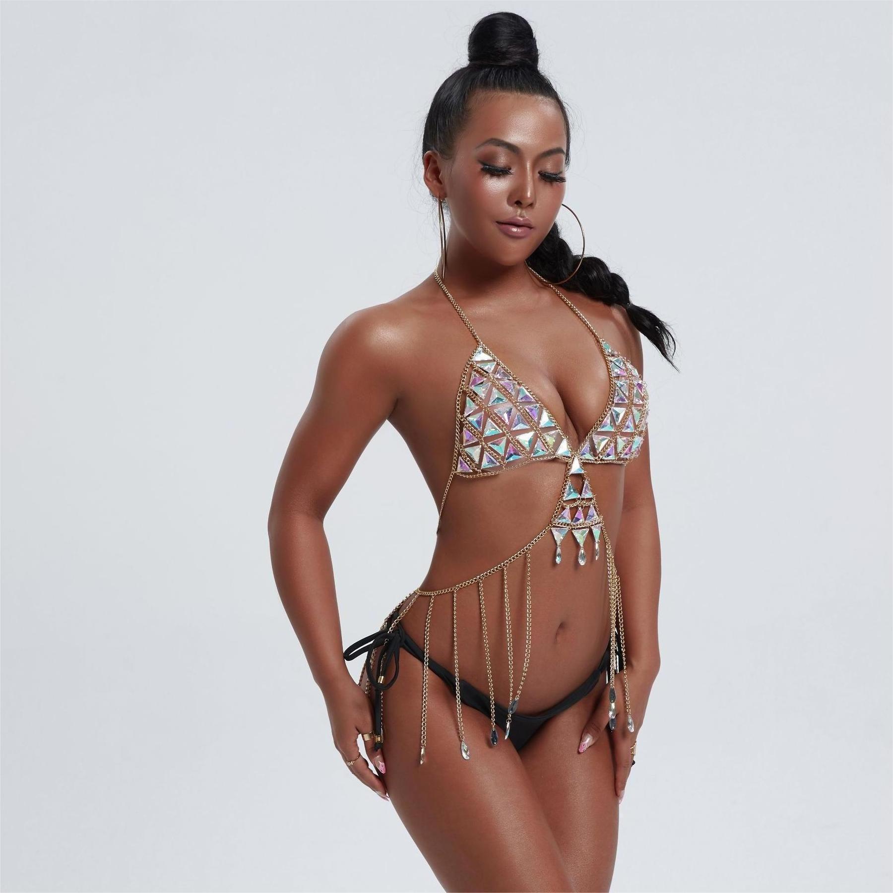 Sexy Jewelry Mature Woman Chain Gold Tassel Crop Top Chest Body Chains Sexy Indian Beach Nightclub Rave Sequin Bikini