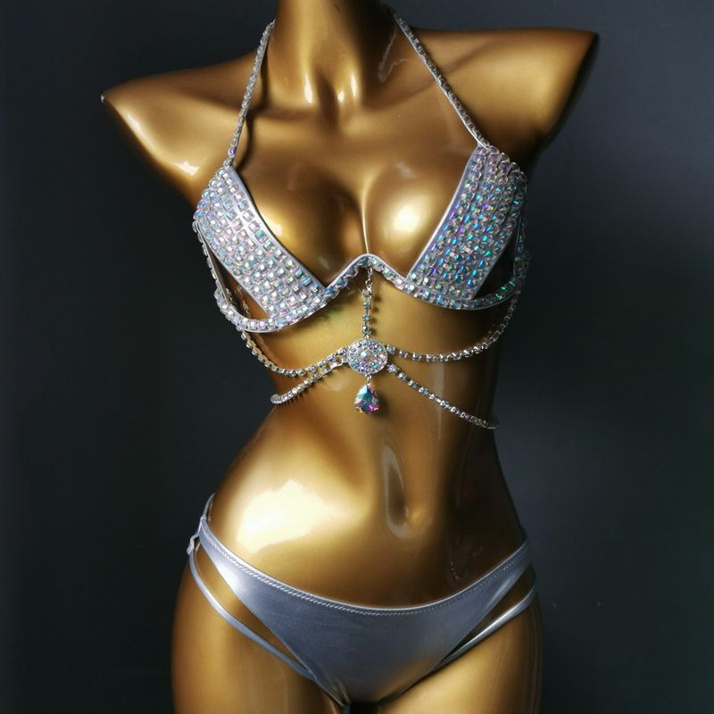 High Quality Fashion Sexy Beach Bikini Suit for Women Rhinestone Crystal Diamond Stripper Push-up Bra and Thong