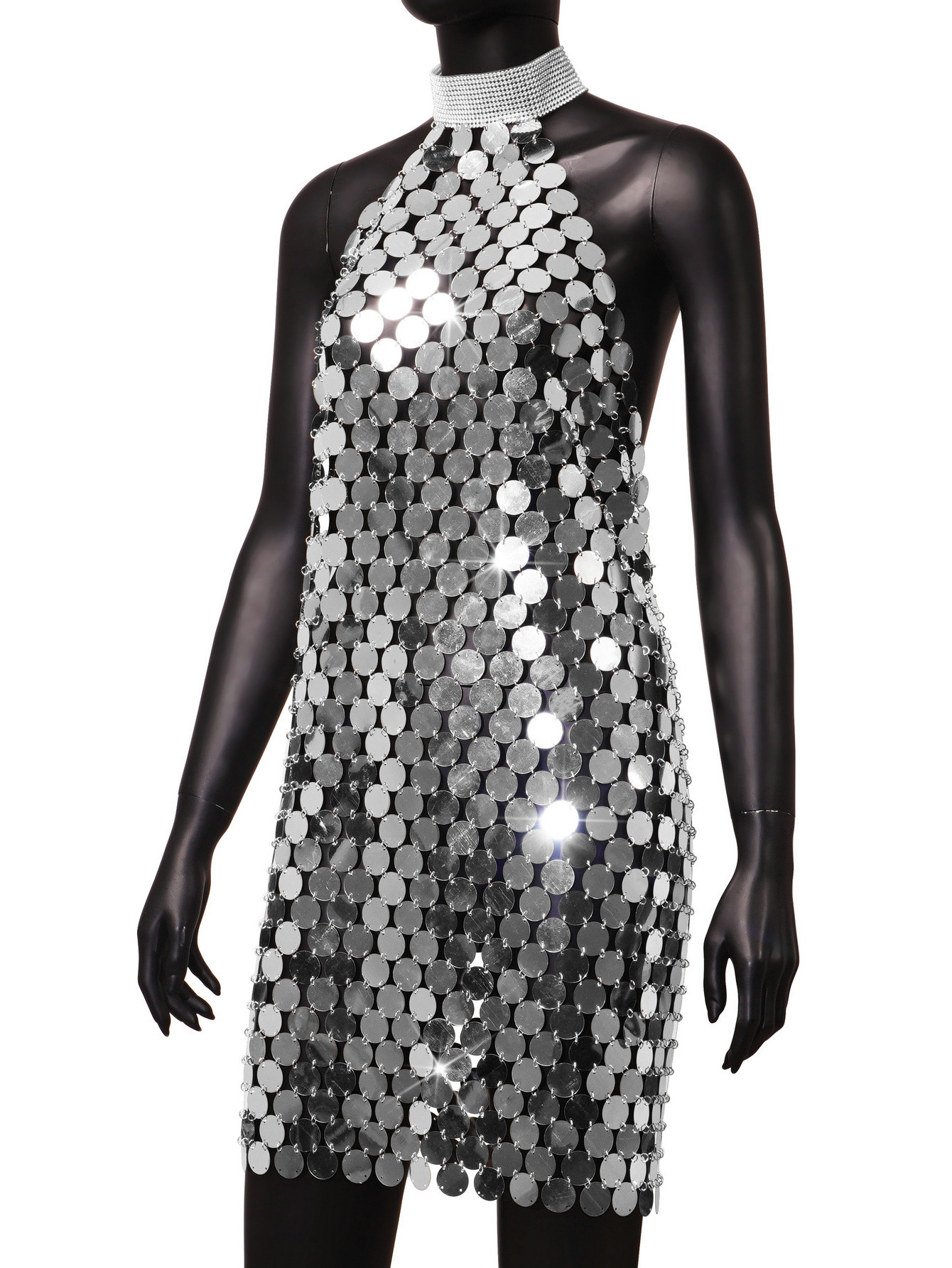 Sexy Club Dress 2023 New Design Metal Sequin Irregular Metallic Cami Chainmail Party Dresses Women Girls Nightclub Wear