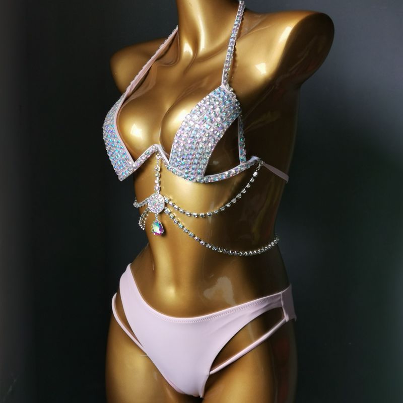 High Quality Fashion Sexy Beach Bikini Suit for Women Rhinestone Crystal Diamond Stripper Push-up Bra and Thong