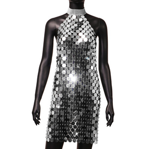 Sexy Club Dress 2023 New Design Metal Sequin Irregular Metallic Cami Chainmail Party Dresses Women Girls Nightclub Wear