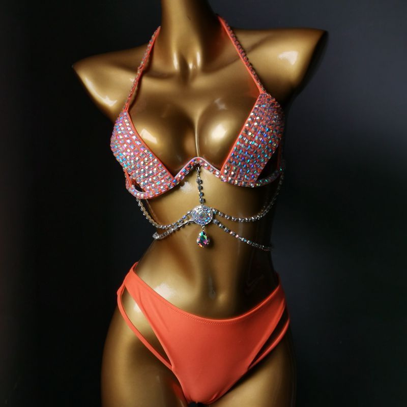 High Quality Fashion Sexy Beach Bikini Suit for Women Rhinestone Crystal Diamond Stripper Push-up Bra and Thong