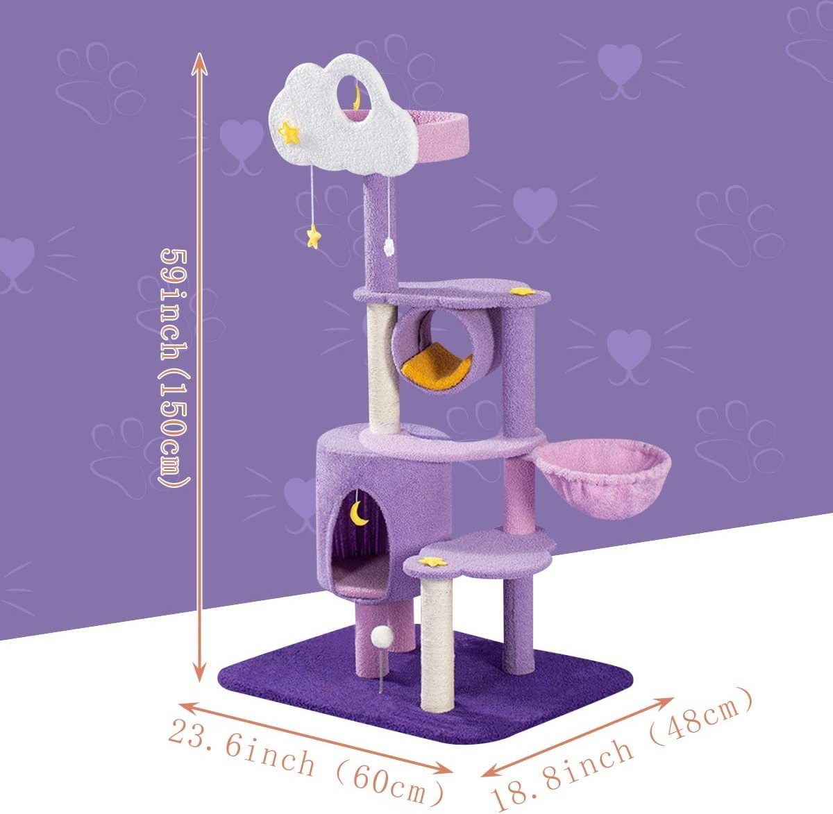 Large Size Soft Plush Purple Cat Tree with Sisal Scratching Post  Cat Relaxing Climbing Tower Large Cat Condo Furniture