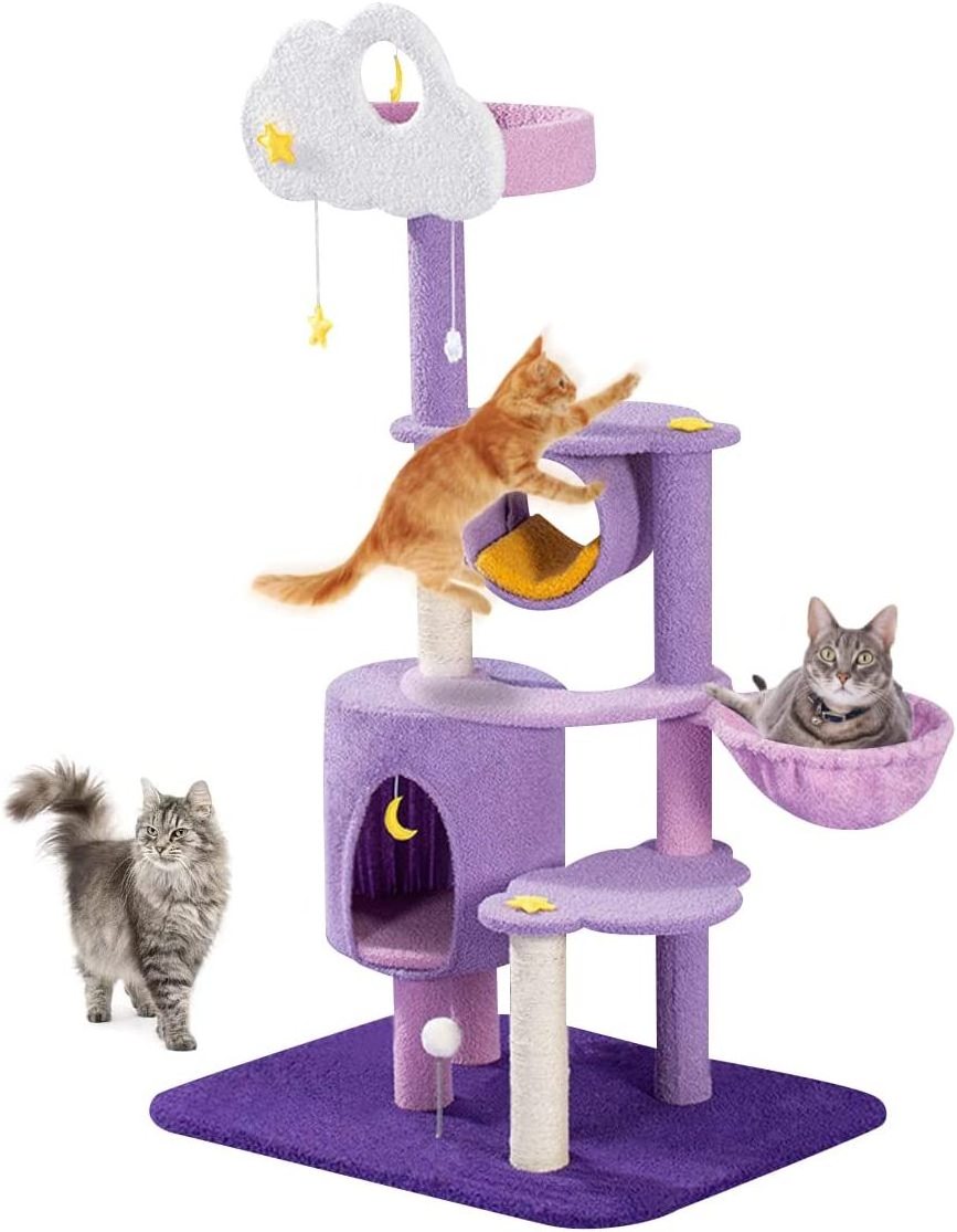 Large Size Soft Plush Purple Cat Tree with Sisal Scratching Post  Cat Relaxing Climbing Tower Large Cat Condo Furniture