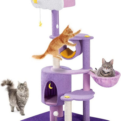 Large Size Soft Plush Purple Cat Tree with Sisal Scratching Post  Cat Relaxing Climbing Tower Large Cat Condo Furniture