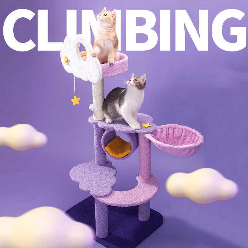 Large Size Soft Plush Purple Cat Tree with Sisal Scratching Post  Cat Relaxing Climbing Tower Large Cat Condo Furniture