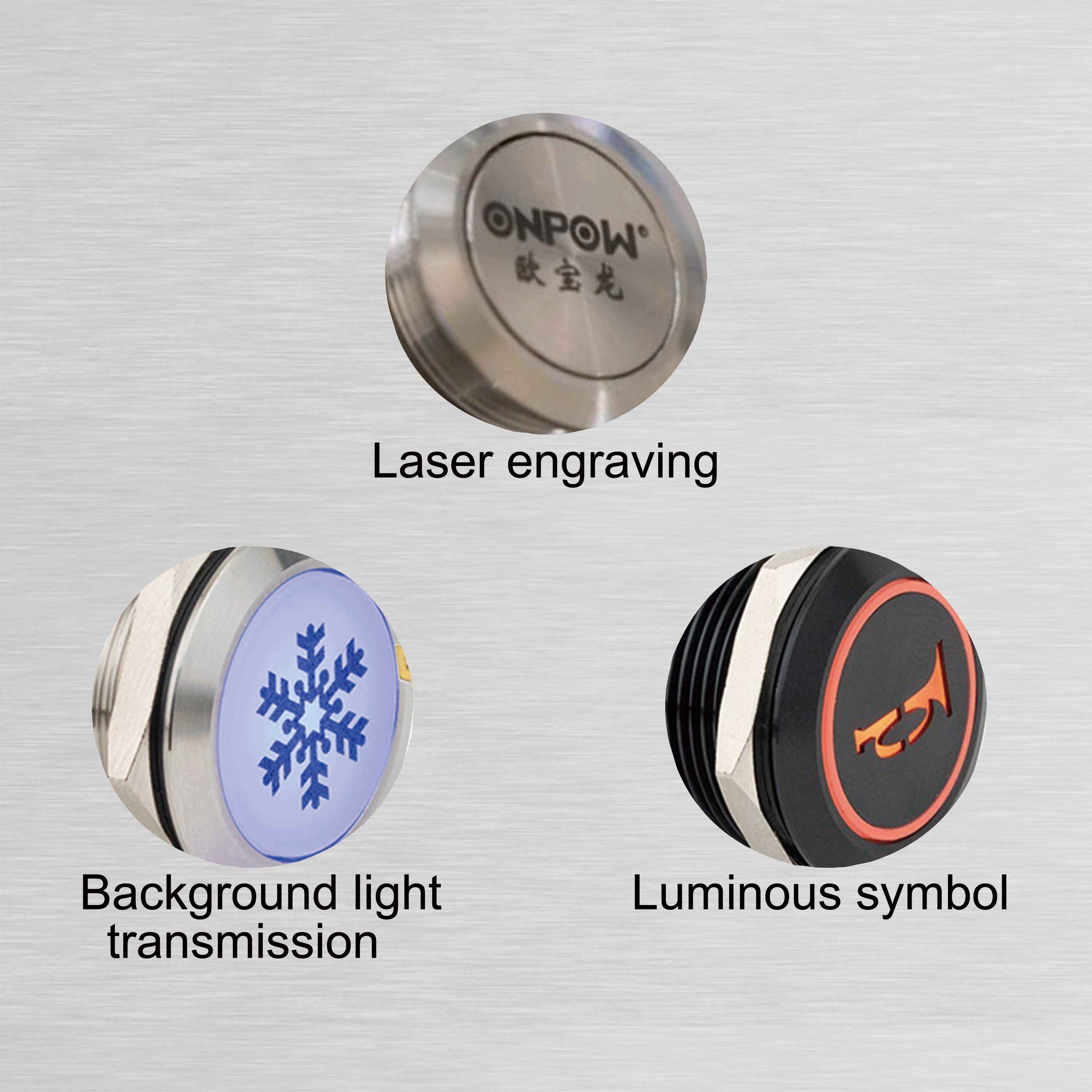 12mm,16mm,19mm,22mm,25mm,30mm customizable laser engraved pattern LED illuminated momentary push button switch with harness