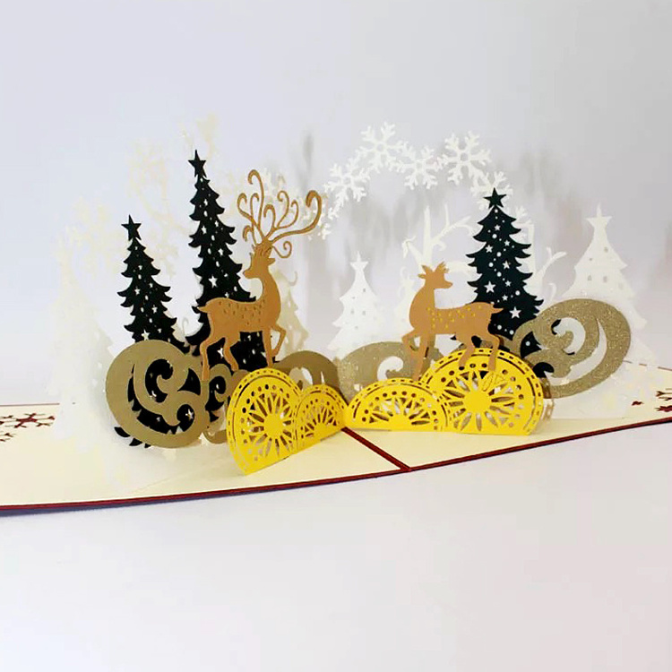 Fashion Customized luxury 3d fancy design Handmade Pop Up Invitation card wedding gold folded laser cut card Christmas Card