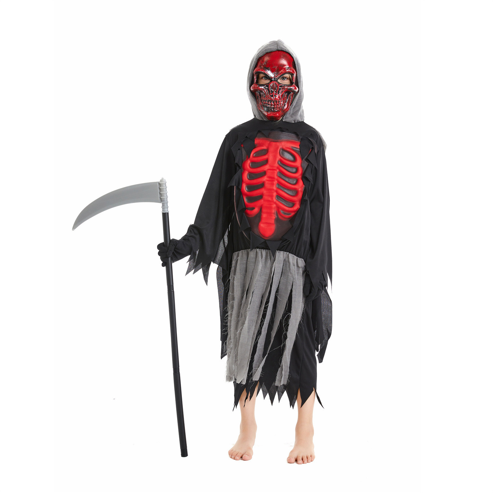 Cool Black Fire Devil Robe Child Boy Red Skull Reaper Costume For Party Halloween Devil Costume with Accessories