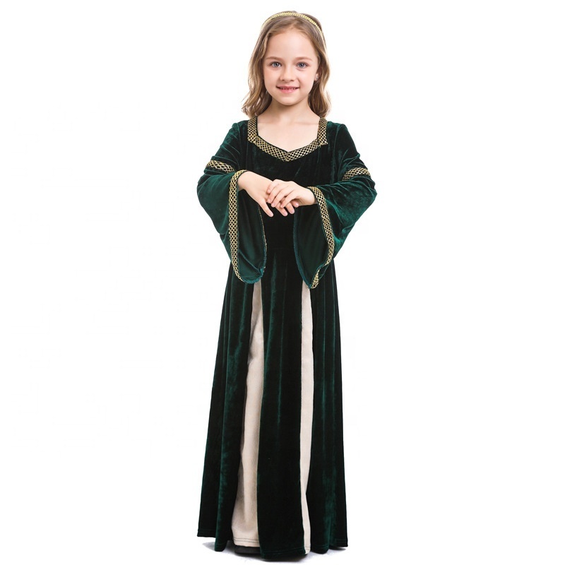 New Renaissance Retro Medieval Girls Musical Stage Costumes Dark Green Bell-Sleeved Long Witch Costumes