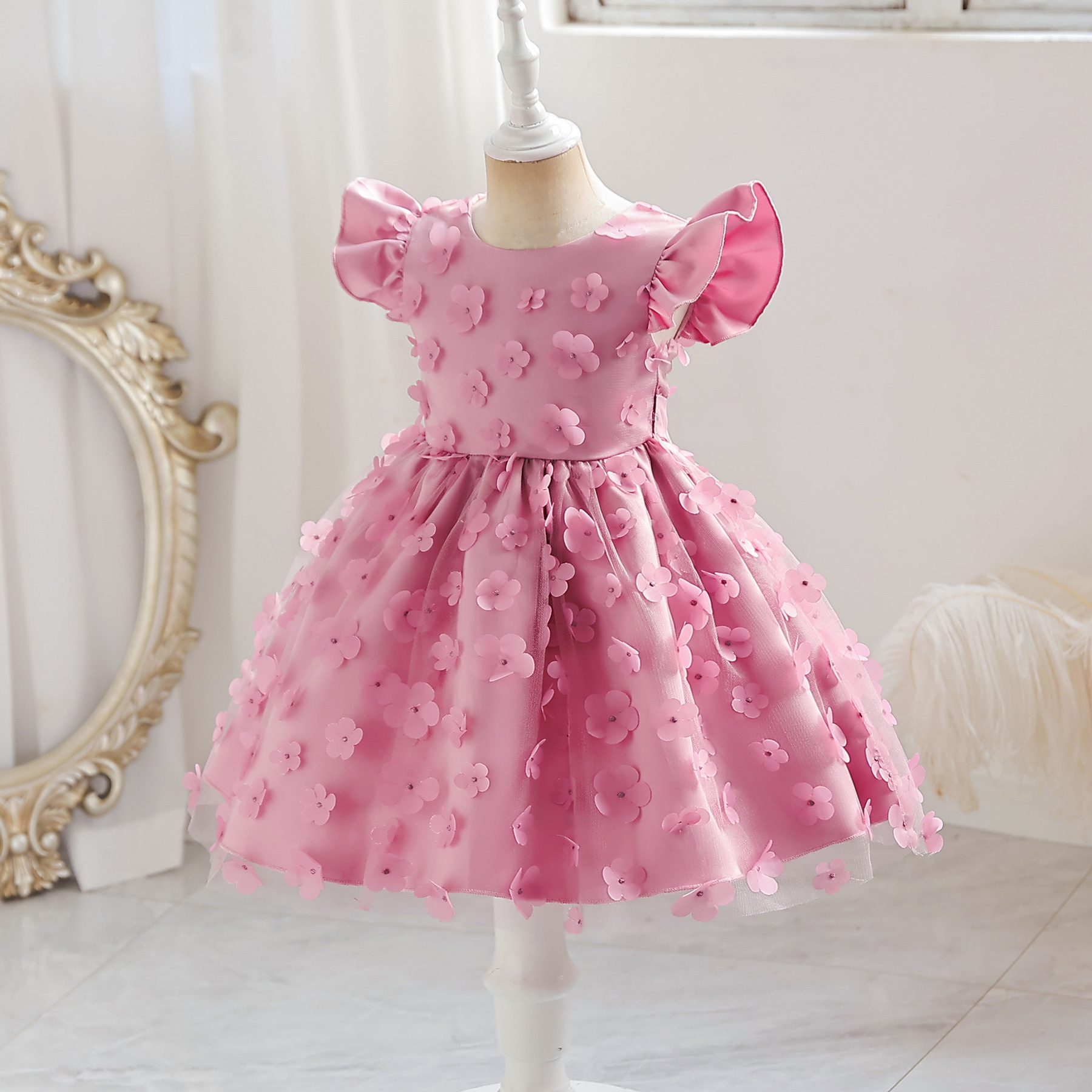 Best New Products Pink Princess Prom Dresses Embroidery 3D Flower Girl Dress Tulle Lace Cosplay Party Dress