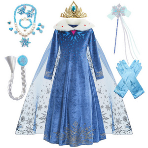 Factory Price Snow Princess Dress Girl's Halloween Clothes Ice Queen Costume Cosplay Dress Up with Accessories