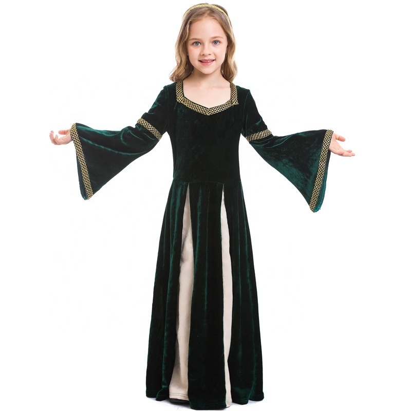 New Renaissance Retro Medieval Girls Musical Stage Costumes Dark Green Bell-Sleeved Long Witch Costumes