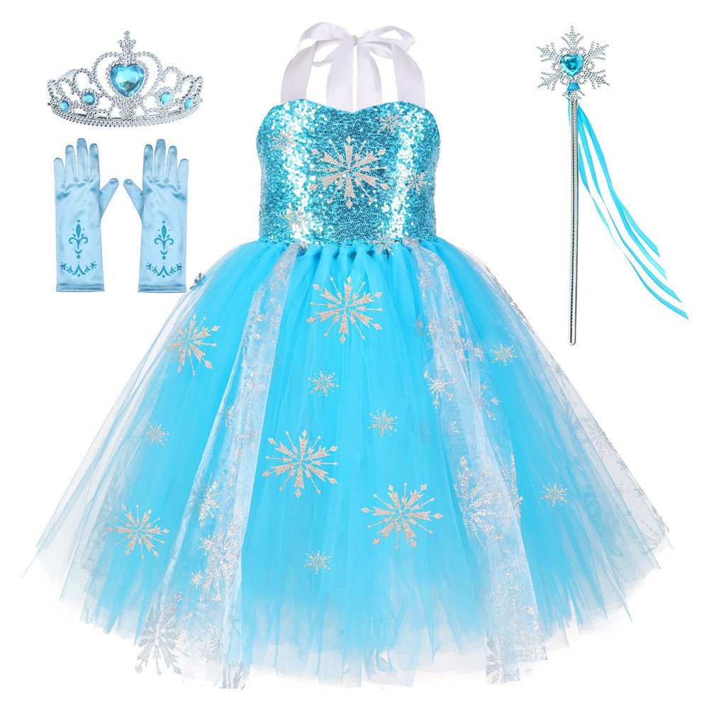 Ice Queen 2-10 Years Elsa Dresses for Girls Princess Dresses Kids Party Sets Elsa Costume With Crown& Accessories