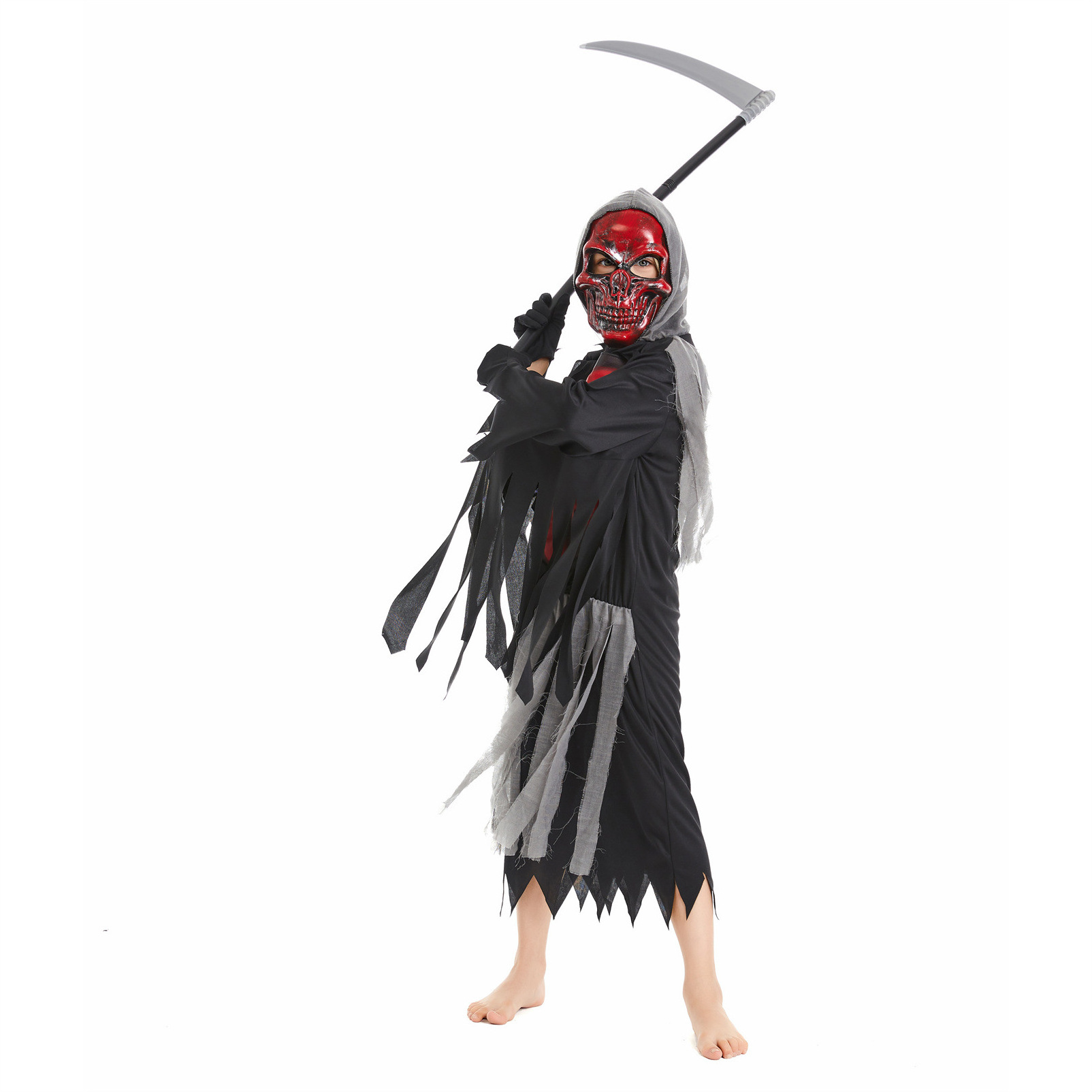 Cool Black Fire Devil Robe Child Boy Red Skull Reaper Costume For Party Halloween Devil Costume with Accessories