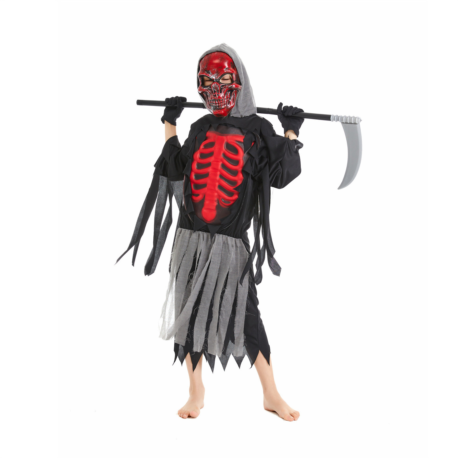 Cool Black Fire Devil Robe Child Boy Red Skull Reaper Costume For Party Halloween Devil Costume with Accessories